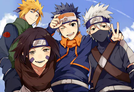 HD desktop wallpaper featuring Rin Nohara, Obito Uchiha, Minato Namikaze, and Kakashi Hatake from the anime Naruto, all standing together and smiling against a clear blue sky.