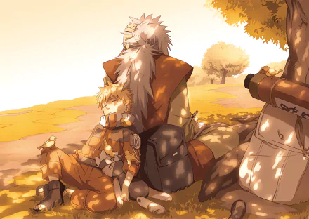 HD desktop wallpaper featuring Jiraiya and Naruto Uzumaki from Naruto. The anime-styled image shows the characters relaxing under a tree with warm, golden tones, creating a serene and nostalgic atmosphere.