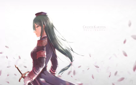 Crusch Karsten from *Re:Zero - Starting Life in Another World* stands gracefully against a light background, with petals gently falling around her, showcasing an elegant and serene atmosphere.