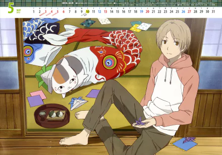 4K Ultra HD anime wallpaper featuring a calm scene from Natsume Yuujinchou (Natsume's Book of Friends) with a boy and a cat surrounded by colorful koi-shaped decorations.