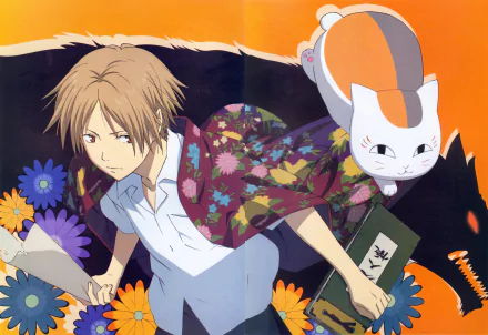 4K Ultra HD anime wallpaper featuring Natsume and Nyanko-sensei from Natsume Yuujinchou (Natsume's Book of Friends) surrounded by colorful flowers on an orange background.