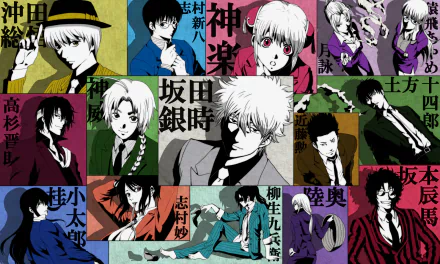 An HD anime wallpaper featuring characters from Gintama, showcasing a vibrant collage of iconic figures against a colorful, patterned background.