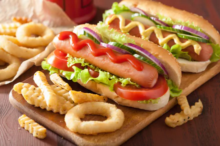 A vibrant 4K Ultra HD PC desktop wallpaper featuring two hot dogs topped with lettuce, tomato, onions, and mustard, accompanied by crinkle-cut fries and onion rings.