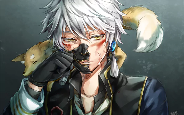 HD anime desktop wallpaper featuring a white-haired character from Touken Ranbu with a fox tail and painted black markings on his face.