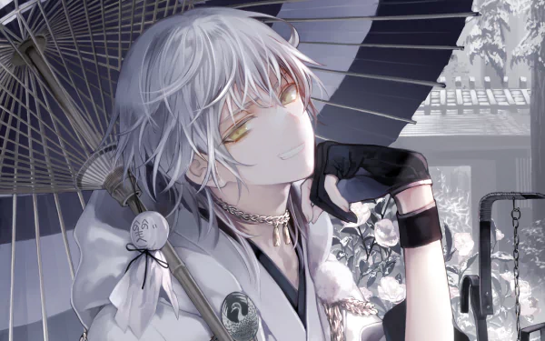 A captivating HD desktop wallpaper from Anime Touken Ranbu, featuring a character with silver hair and a mischievous smile, holding a decorative umbrella amidst a serene backdrop.
