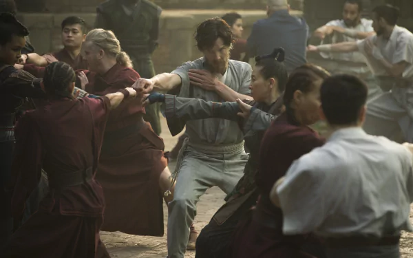 Benedict Cumberbatch as Doctor Strange in an intense martial arts training scene, captured in 4K Ultra HD for a PC desktop wallpaper.
