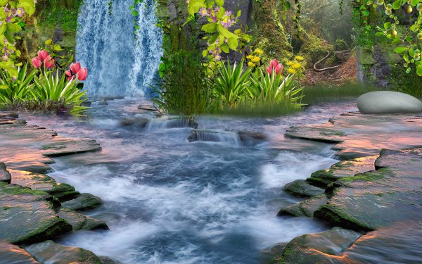 Artistic Fantasy Stream Forest Flower HD Wallpaper | Background Image