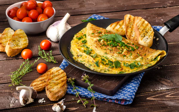 A still life featuring a golden omelette garnished with herbs, accompanied by grilled bread, cherry tomatoes, and garlic, presented on a rustic wooden table in vibrant 4K Ultra HD quality.