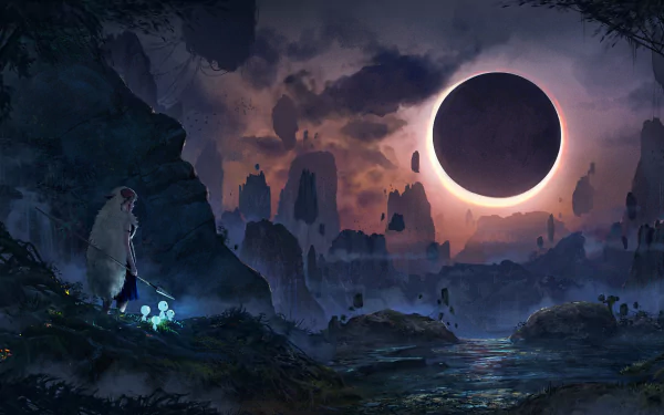 Anime landscape from Princess Mononoke featuring a dramatic moon eclipse over a dark, mystical terrain, captured in stunning HD for a PC desktop wallpaper.