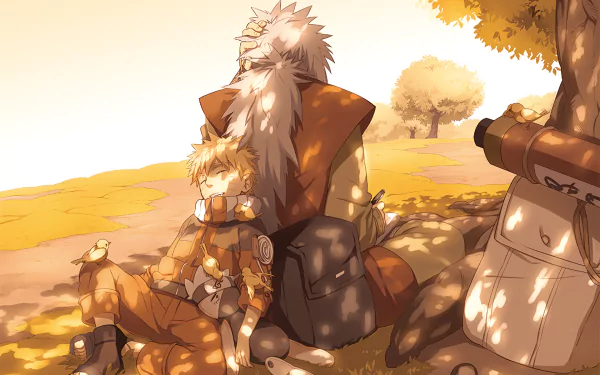 HD desktop wallpaper featuring Jiraiya and Naruto Uzumaki from Naruto. The anime-styled image shows the characters relaxing under a tree with warm, golden tones, creating a serene and nostalgic atmosphere.