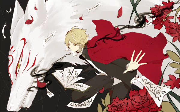 An HD wallpaper depicting Takashi Natsume from Natsume's Book of Friends, featuring a mystical white fox, flowing papers, and red roses, capturing the essence of the anime's enchanting world.