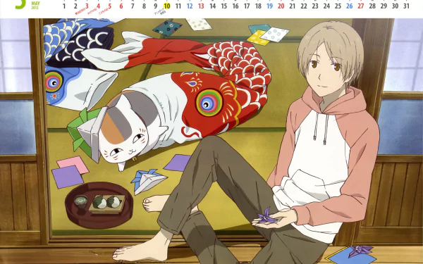 4K Ultra HD anime wallpaper featuring a calm scene from Natsume Yuujinchou (Natsume's Book of Friends) with a boy and a cat surrounded by colorful koi-shaped decorations.