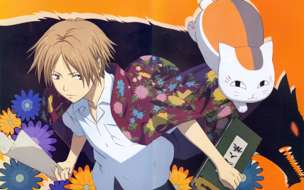 4K Ultra HD anime wallpaper featuring Natsume and Nyanko-sensei from Natsume Yuujinchou (Natsume's Book of Friends) surrounded by colorful flowers on an orange background.