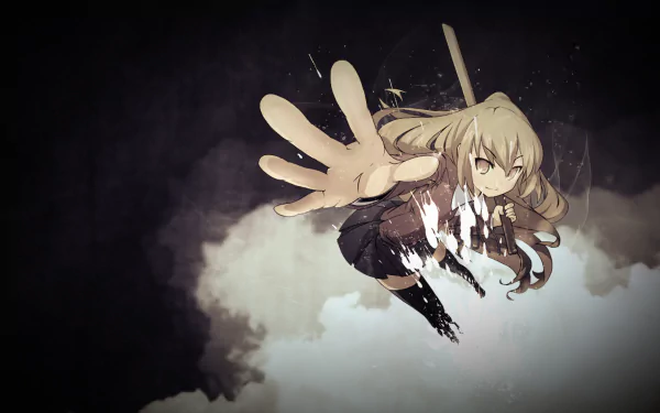 An HD desktop wallpaper featuring Taiga Aisaka from the anime Toradora! with a dynamic pose, showcasing her distinct character design and expressive style.