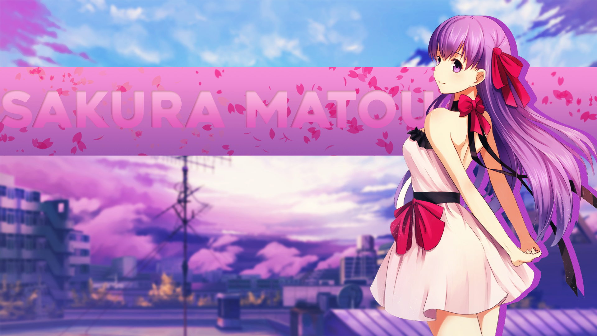 HD PC desktop wallpaper featuring Sakura Matou from Fate/Stay Night with flowing purple hair, a white dress, and a pink sky background.