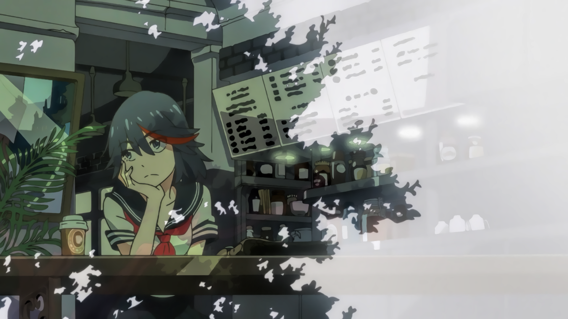 HD PC desktop wallpaper featuring Ryūko Matoi from the anime Kill La Kill, depicted in a thoughtful pose inside a cozy café setting.