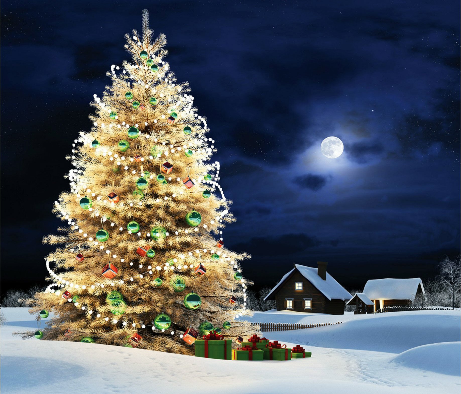 Download Moon Light Christmas Tree Night House Snow Winter Holiday ...