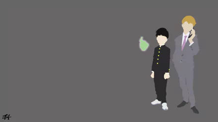 A minimalist 4K wallpaper featuring Ekubo, Arataka Reigen in a suit, and Shigeo Kageyama in a black uniform, both from the anime Mob Psycho 100.