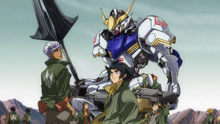 HD desktop wallpaper featuring Biscuit Griffon, Orga Itsuka, Mikazuki Augus, and the ASW-G-08 Gundam Barbatos from the anime Mobile Suit Gundam: Iron-Blooded Orphans, against a mountainous backdrop.