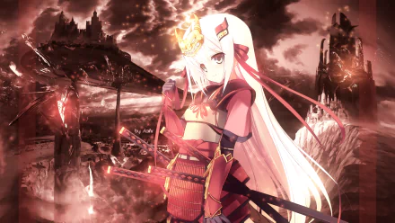 Anime-style original HD PC desktop wallpaper featuring a female warrior with long white hair and red armor, set against a dark, fiery fantasy battlefield background.