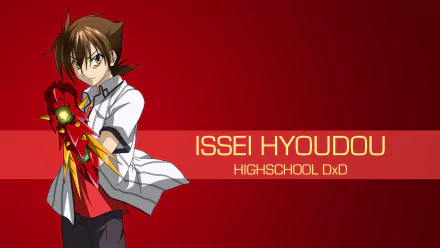 HD desktop wallpaper of Issei Hyoudou from High School DxD in red and white themed attire with Ddraig's gauntlet, set against a solid red background with his name and series title.