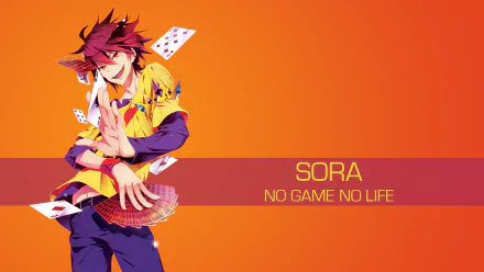An HD desktop wallpaper featuring Sora from No Game No Life, showcasing his playful demeanor against a vibrant orange background with scattered playing cards.