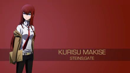 A 4K Ultra HD wallpaper featuring Kurisu Makise from the anime Steins;Gate, showcasing her in a stylish pose against a rich red background.