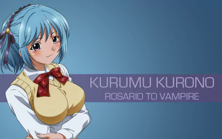 HD PC desktop wallpaper featuring Kurumu Kurono from the anime Rosario + Vampire, depicted with blue hair and school uniform against a blue background.