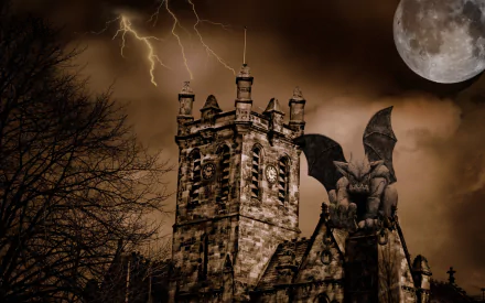 HD PC desktop wallpaper featuring a dark castle under a full moon with lightning and a menacing gargoyle, capturing a haunting Halloween atmosphere.