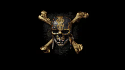 A detailed skull with golden accents and crossed bones serves as a striking background, inspired by Pirates of the Caribbean: Dead Men Tell No Tales. 4K Ultra HD quality.