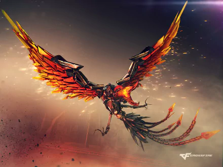 A vibrant HD wallpaper featuring a phoenix from the video game CrossFire, showcasing fiery wings and a dynamic pose against a dramatic sky background.