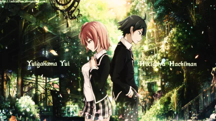 A vibrant HD desktop wallpaper featuring Hachiman Hikigaya and Yui Yuigahama from the anime My Teen Romantic Comedy SNAFU, set against a lush, enchanting background.
