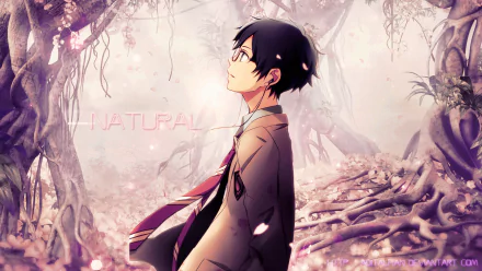 An anime-inspired HD wallpaper featuring a character from Your Lie in April, standing amidst a dreamy forest, with cherry blossoms gently falling around him.