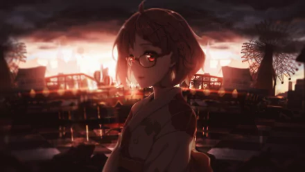 Mirai Kuriyama from Beyond the Boundary stands against a dramatic sunset, her expression contemplative. This HD anime wallpaper captures a blend of beauty and intrigue.