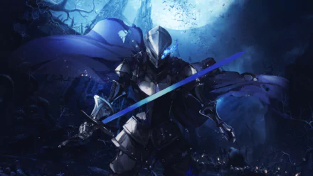 An anime-style HD desktop wallpaper featuring a knight clad in dark armor, wielding a glowing blue sword, and standing under a moonlit sky. Tagged with Pixiv Fantasia Fallen Kings.