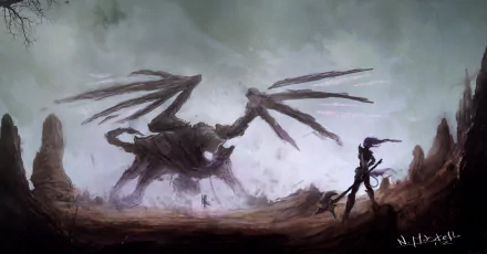 2K Quad HD fantasy PC wallpaper: a lone woman warrior with blade readies against a massive multi-limbed creature in a misty, desolate landscape.