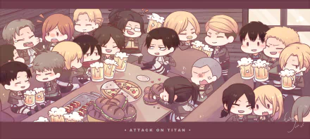 A colorful HD desktop wallpaper featuring adorable chibi characters from *Attack on Titan* enjoying food and drinks around a table, capturing a fun, lighthearted moment.