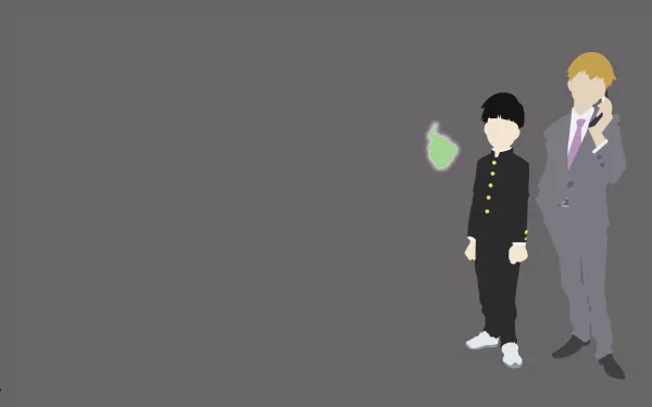 A minimalist 4K wallpaper featuring Ekubo, Arataka Reigen in a suit, and Shigeo Kageyama in a black uniform, both from the anime Mob Psycho 100.