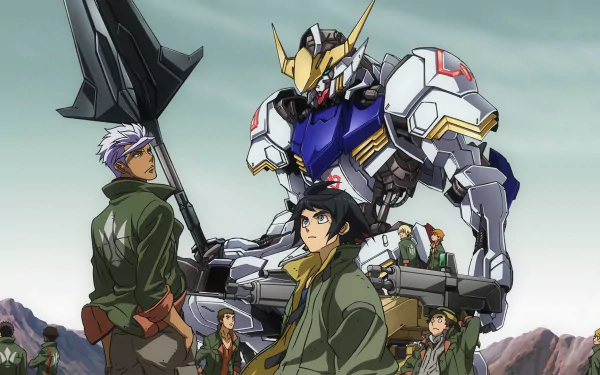 HD desktop wallpaper featuring Biscuit Griffon, Orga Itsuka, Mikazuki Augus, and the ASW-G-08 Gundam Barbatos from the anime Mobile Suit Gundam: Iron-Blooded Orphans, against a mountainous backdrop.
