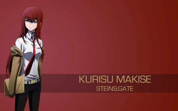 A 4K Ultra HD wallpaper featuring Kurisu Makise from the anime Steins;Gate, showcasing her in a stylish pose against a rich red background.