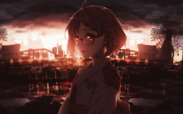 Mirai Kuriyama from Beyond the Boundary stands against a dramatic sunset, her expression contemplative. This HD anime wallpaper captures a blend of beauty and intrigue.
