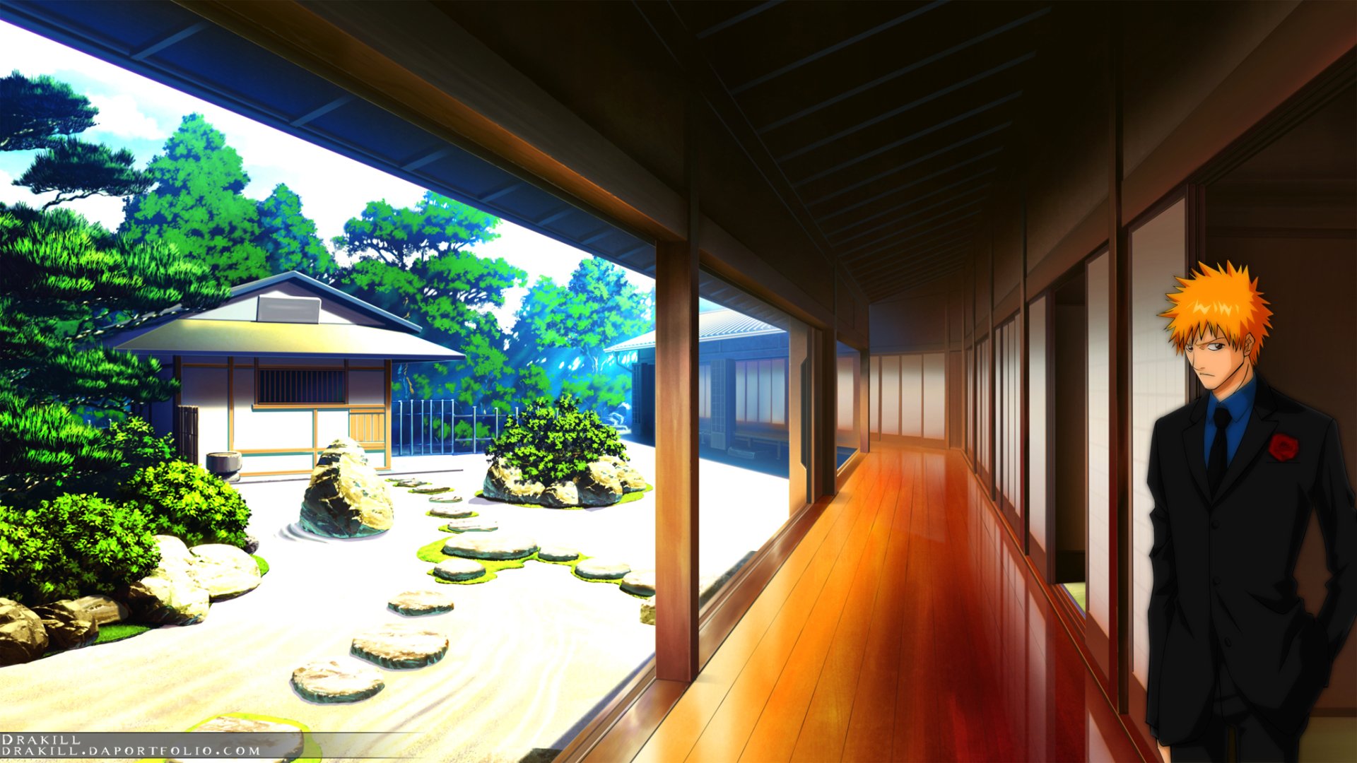HD PC desktop wallpaper of Ichigo Kurosaki from Bleach: anime scene of Ichigo in a suit standing in a sunlit wooden corridor overlooking a manicured Japanese garden.