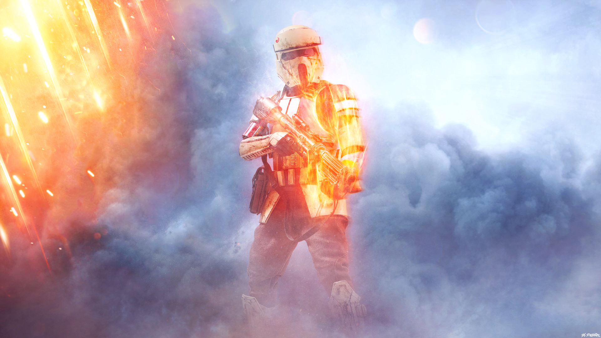 HD PC desktop wallpaper featuring a Star Wars stormtrooper soldier on a smoky battlefield, immersed in fiery battle effects from a video game scene.