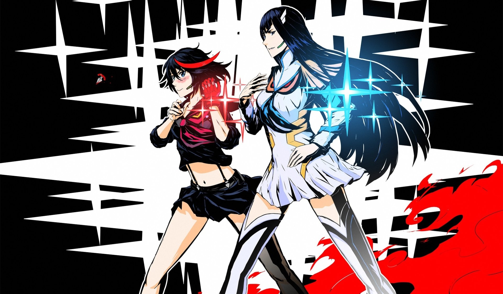 HD desktop wallpaper featuring Ryūko Matoi and Satsuki Kiryūin from Kill La Kill in dynamic poses with glowing effects, emphasizing their iconic skirts and outfits.