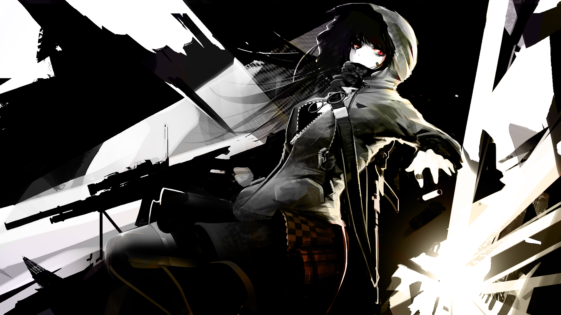 An original anime-inspired HD wallpaper featuring a dynamic figure in a hooded outfit, set against a striking black and white background with sharp lines and contrasting details.