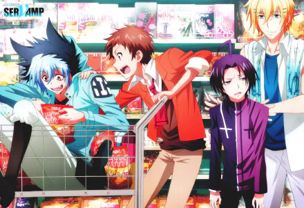 HD desktop wallpaper featuring characters from the anime Servamp, showing a lively scene in a store. Characters are interacting playfully around a shopping cart filled with items.