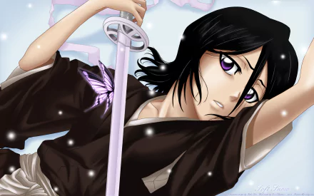 Rukia Kuchiki (Bleach) in anime style, reaching upward with her zanpakuto drawn, purple eyes and flowing black hair — HD PC desktop wallpaper background.