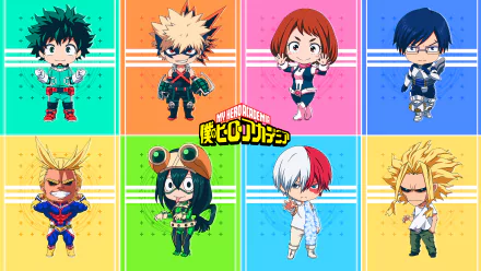 Chibi versions of My Hero Academia characters: Izuku Midoriya, Katsuki Bakugou, Ochaco Uraraka, Tenya Iida, Shoto Todoroki, Tsuyu Asui, Toshinori Yagi, and All Might against colorful backgrounds.