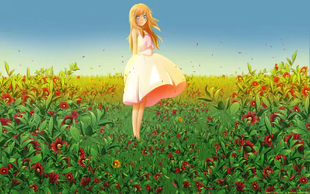 A vibrant anime scene featuring Kaori Miyazono from Your Lie in April. She stands in a colorful field of flowers, wearing a flowing dress against a bright sky.