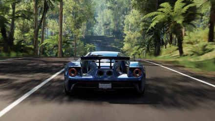 A Ford car is captured in a high-definition scene from Forza Horizon 3, driving along a winding road surrounded by lush greenery and tropical trees.